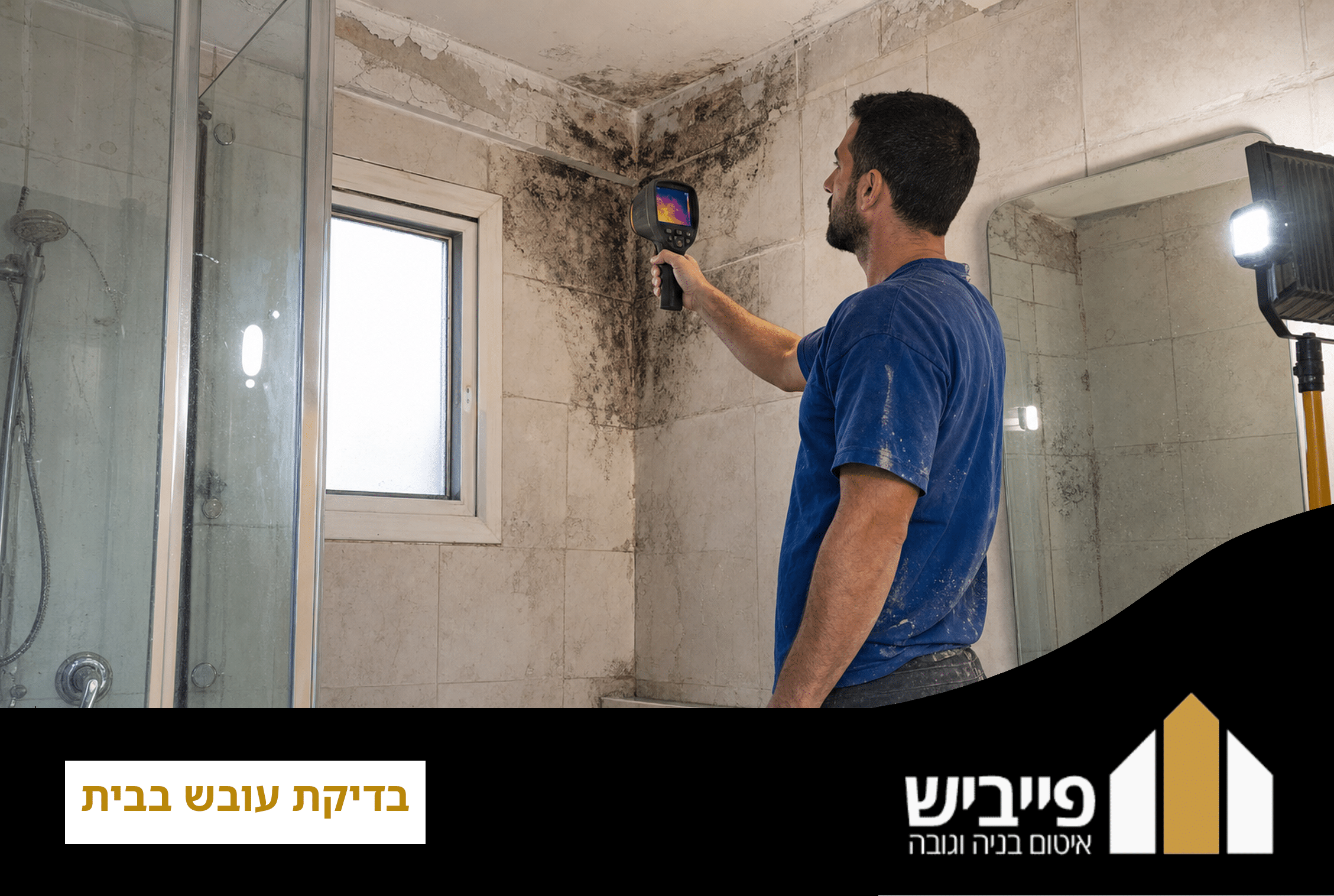 קבלן מבצע בדיקת עובש בבית עם מצלמה תרמית ומד לחות לאיתור נזילות ועובש בקירות — פייביש 750 פרויקטים