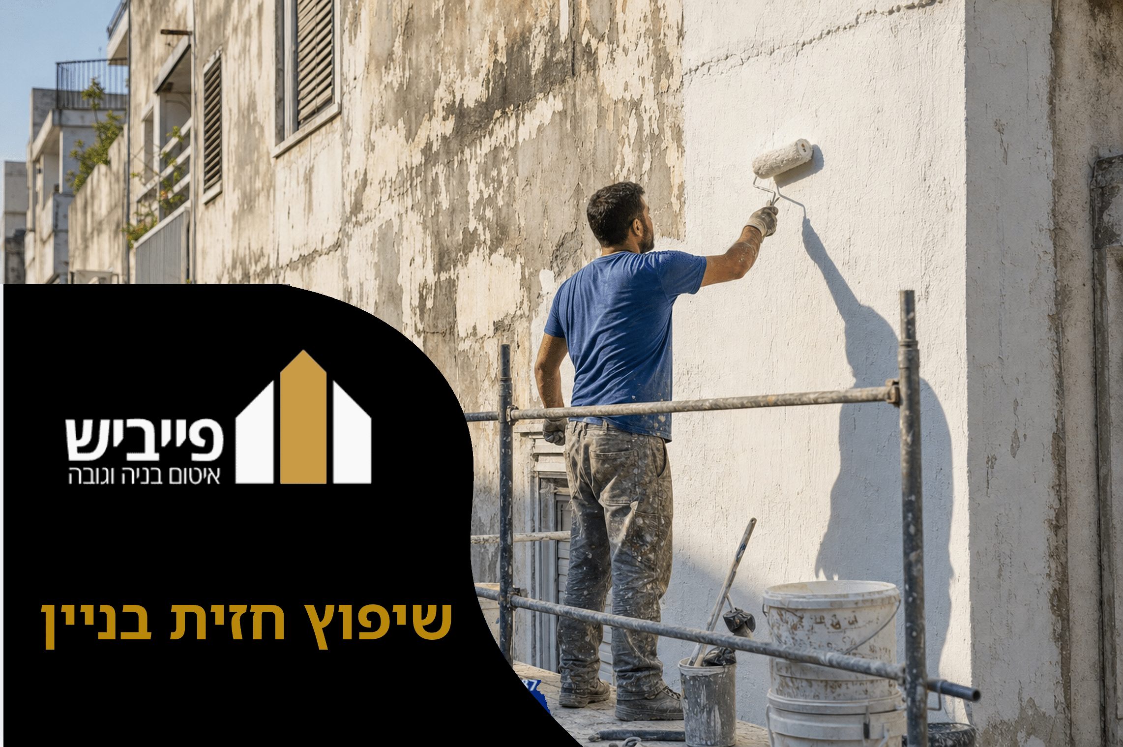 חזית בניין לפני ואחרי שיפוץ — מעבר מבטון מתפורר וצבע מקולף לחזית מחודשת ומוגנת