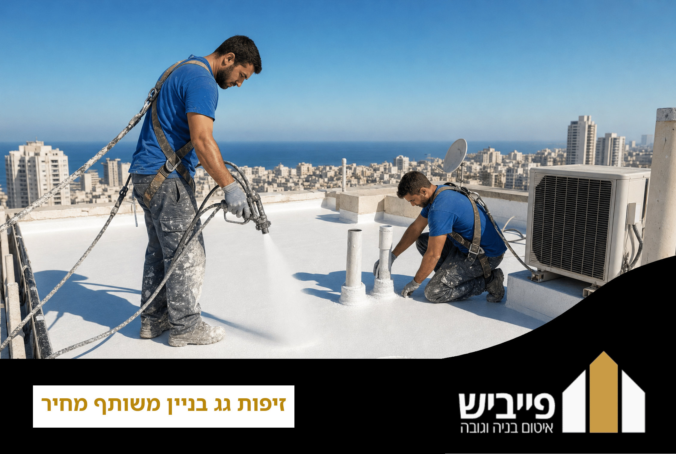 גג בניין משותף אחרי זיפות מלאה עם שכבת הגנה לבנה ואיטום נקודות תורפה