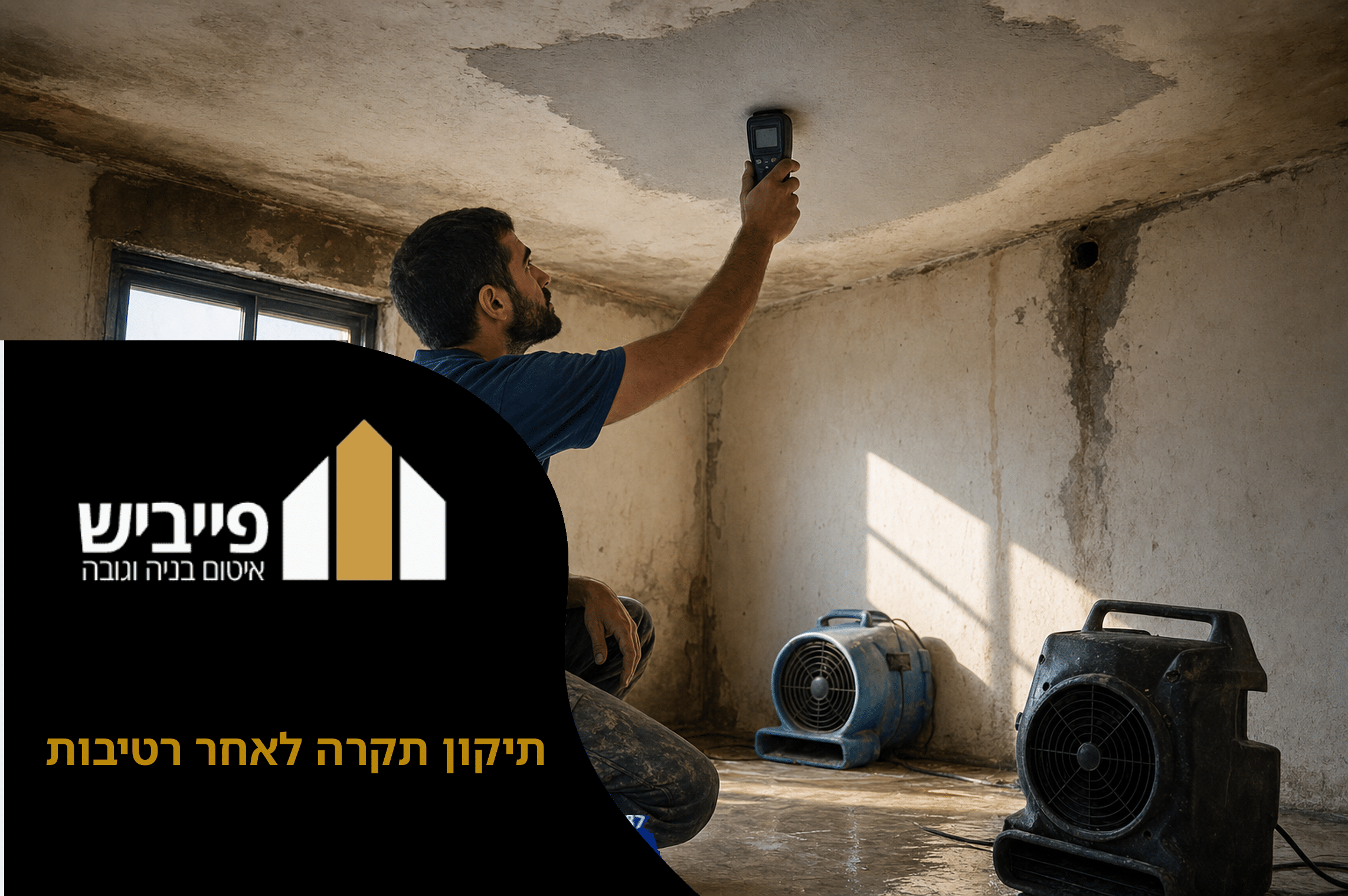 קבלן מבצע תיקון תקרה לאחר רטיבות עם מילוי סדקים וטיפול בעובש בחדר מגורים