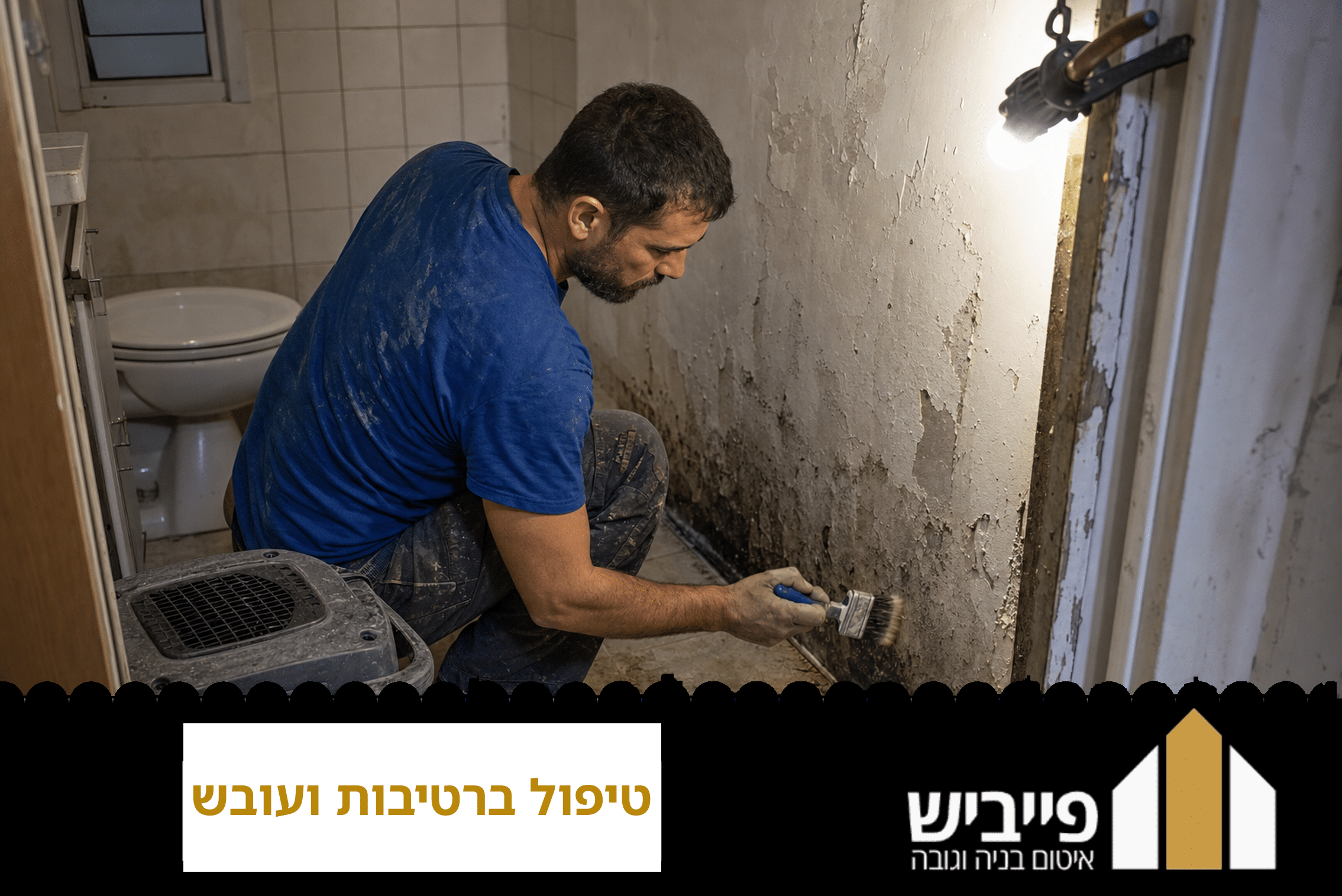 לפני ואחרי טיפול ברטיבות ועובש — כתם שחור בפינת קיר חיצוני הוסר לחלוטין עם איטום מקצועי ואחריות 7 שנים