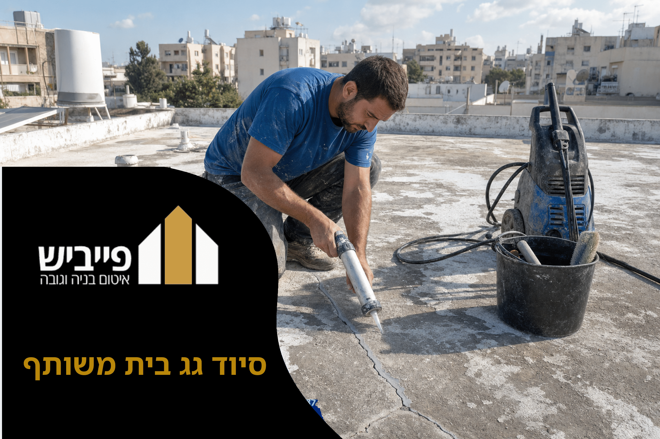 תהליך סיוד גג בבניין משותף כולל ניקוי יסודי ומריחה בשתי שכבות על ידי קבלן מוסמך עם ציוד מקצועי